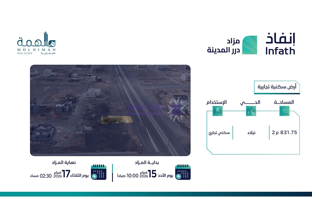 أرض سكنية تجارية بحي نبلاء بمساحة 831.75 م² في المدينة المنورة